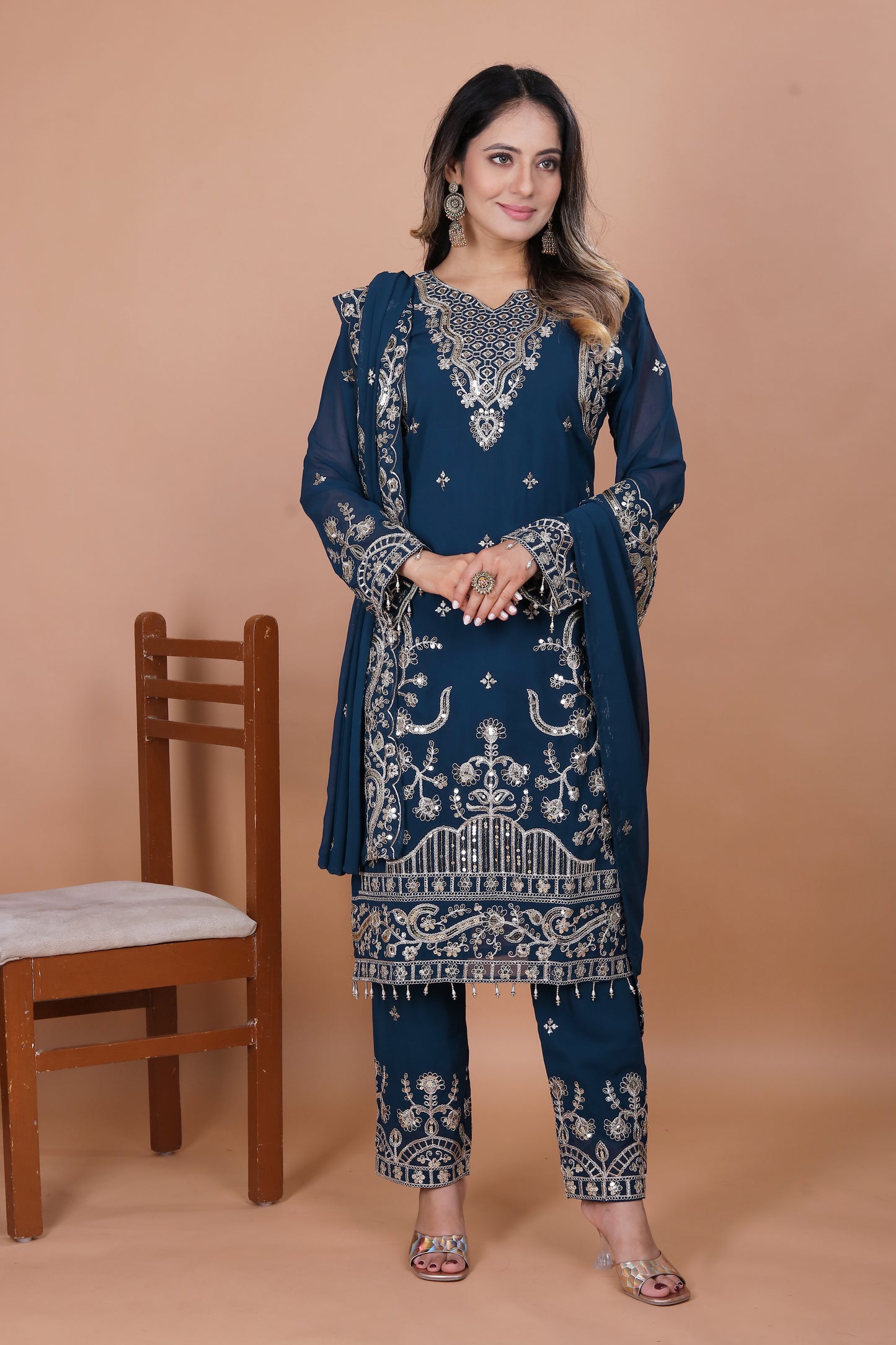Women's Beautiful Embroidery Fox Georgette Fabric Straight Kurta Pant and Dupatta Set