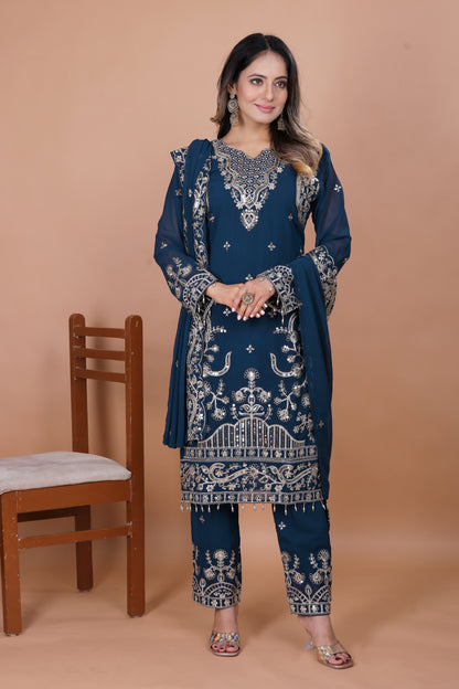 Women's Beautiful Embroidery Fox Georgette Fabric Straight Kurta Pant and Dupatta Set