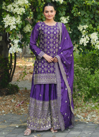 Women's Chinon fabric Embroidery work Kurta with Sharara and Dupatta set 83
