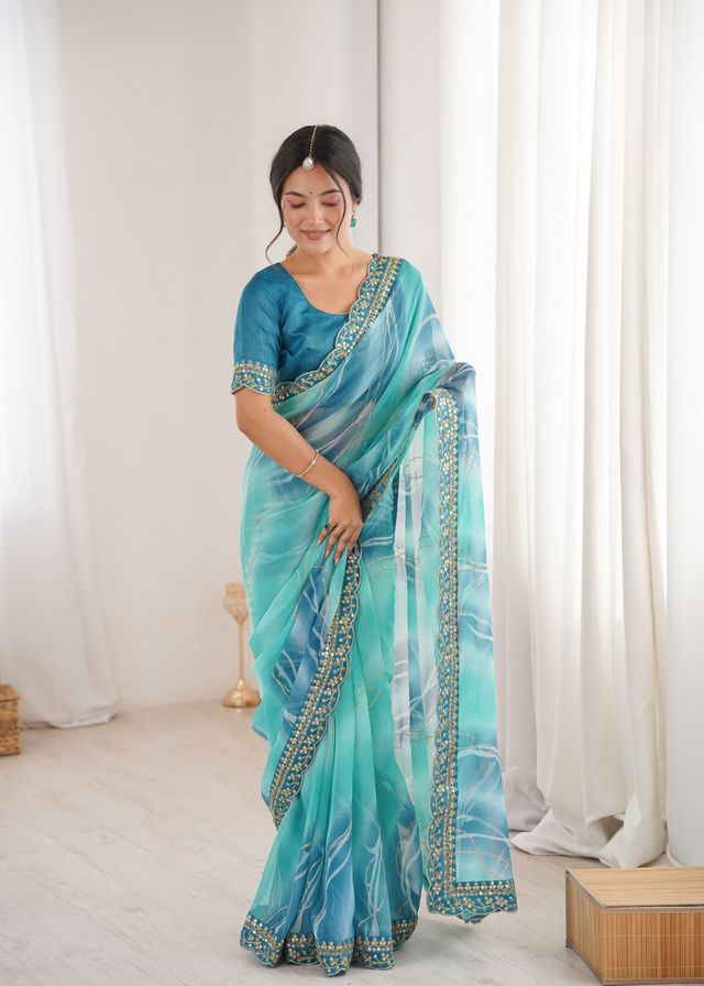 Sky Blue Color Georgette Chiffon Fabric Saree With Designer Festive Looks Saree