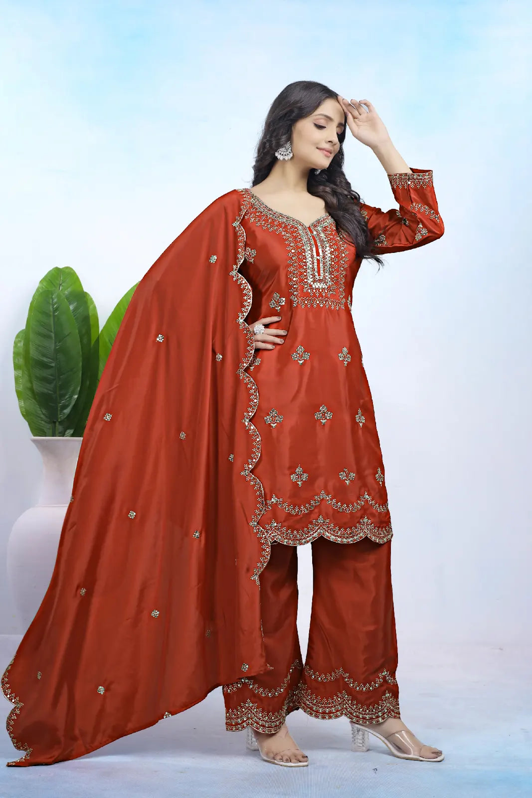 Women's Gorgeous Embroidery Work Natural Crep Fabric Straight Kurta Pant and Dupatta Set