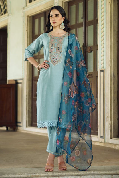 Sky Blue Color Viscose Rayon Fabric Beautiful Embroidered Kurta Set With Dupatta