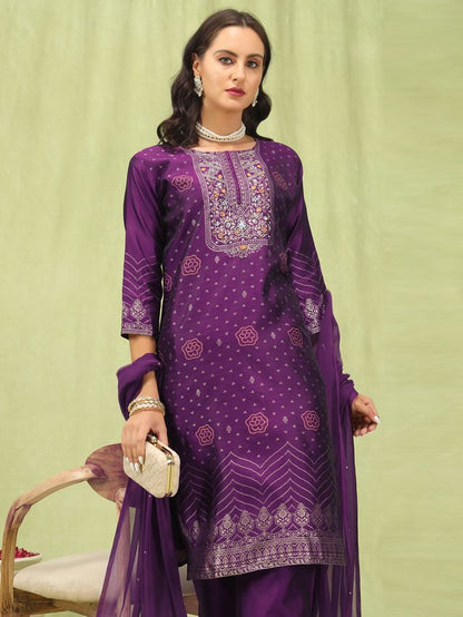 Purple Color Silk Blend Fabric Designer Embroidered Suit