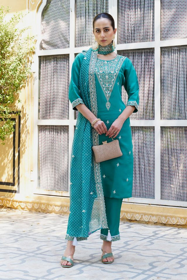 Firozi Color Silk Blend Fabric Beautiful Embroidered Kurta Set With Dupatta