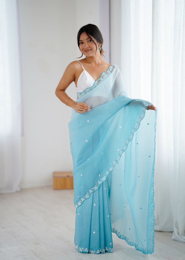 Sky Blue Color Chiffon Crush Fabric Beautiful Sophisticated Work Ceremonial Saree