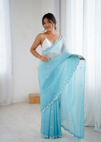 Sky Blue Color Chiffon Crush Fabric Beautiful Sophisticated Work Ceremonial Saree