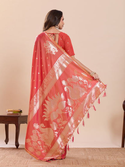 Rust Color Soft Silk Fabric Woven Jari Designer Partywear Saree