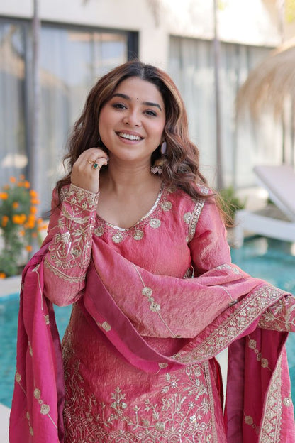 Pink Color Fendy Crush Fabric Classy Sequins Embroidered Partywear Readymade Suit With Dupatta