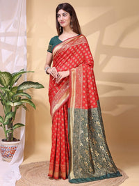 Red Color Lichi Silk Fabric Beautiful Woven Designer Saree