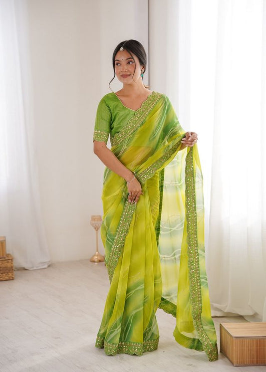 Mahendi Color Georgette Chiffon Fabric Saree With Designer Festive Looks Saree