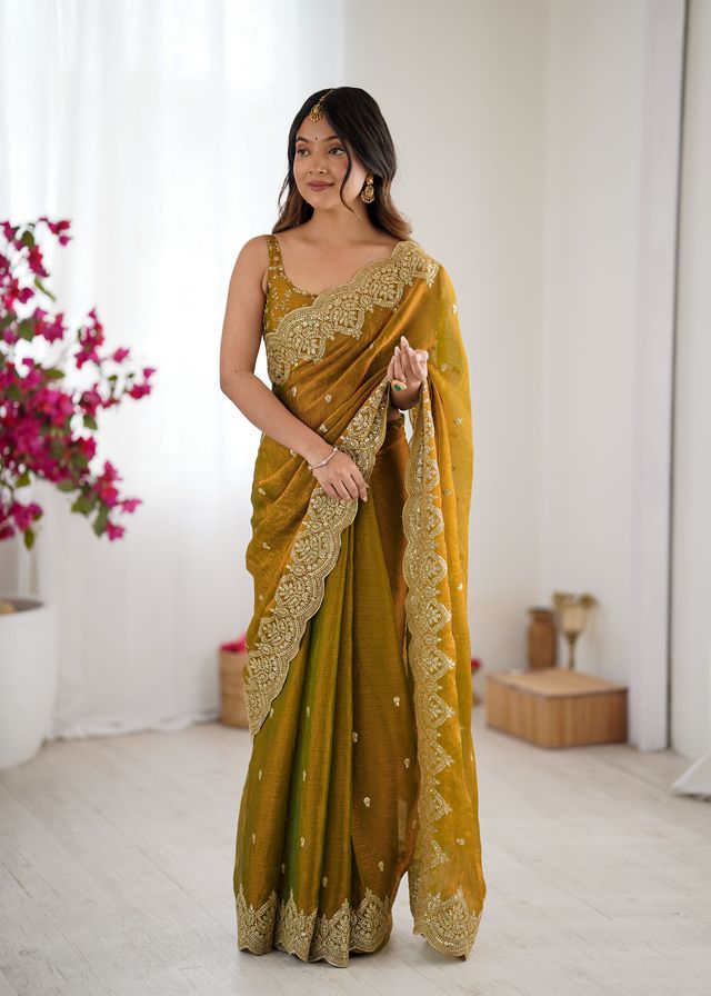 Mustard Color Fendy Chiffon Fabric Beautiful Embroidered Saree