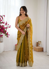 Mustard Color Fendy Chiffon Fabric Beautiful Embroidered Saree