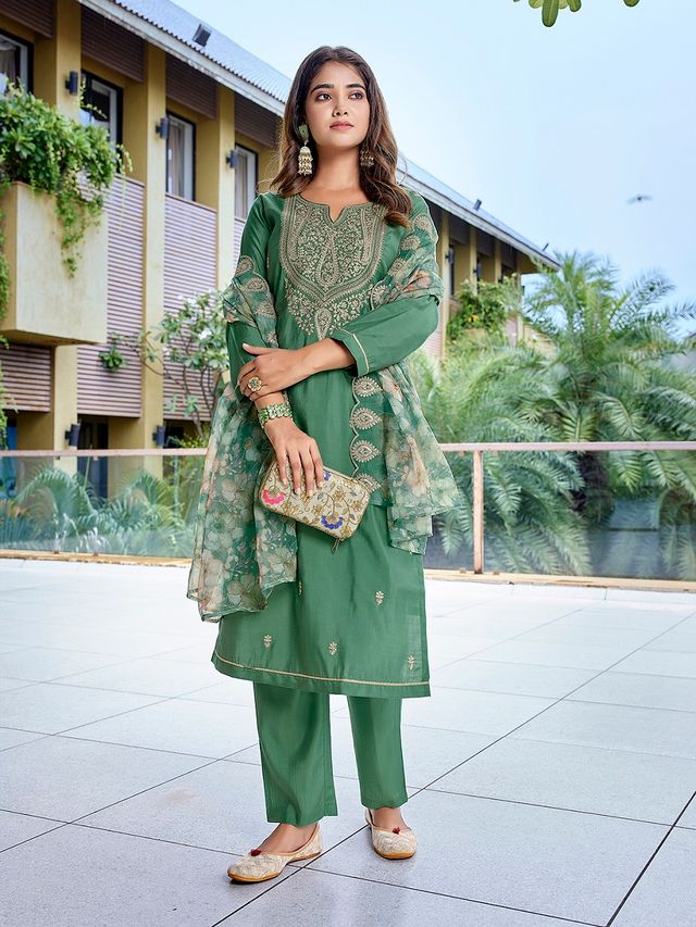 Green Color Stylish Partywear Readymade Ethnic Suit
