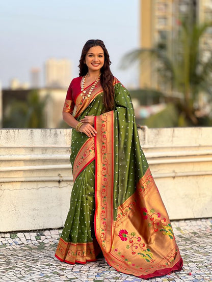 Mahendi Color Beautiful Soft Silk Woven Designer Partywear Saree