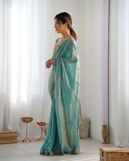 Sky Blue Color Beautiful Fancy Partywear Fendy Satin Saree