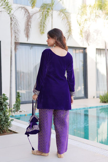 Purple Color Geaceful Festive Special Velvet Fabric Readymade Suit With Batwa