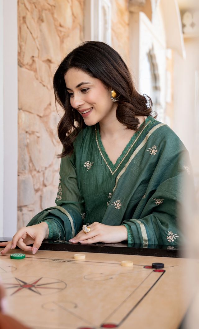 Green Color Chanderi Fabric Beautiful Partywear Dress For Girls
