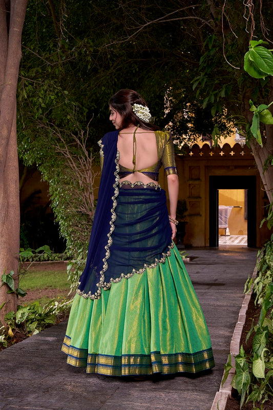 Seagreen South-style Kanchipuram silk lehenga With Unstitched Blouse & Dupatta
