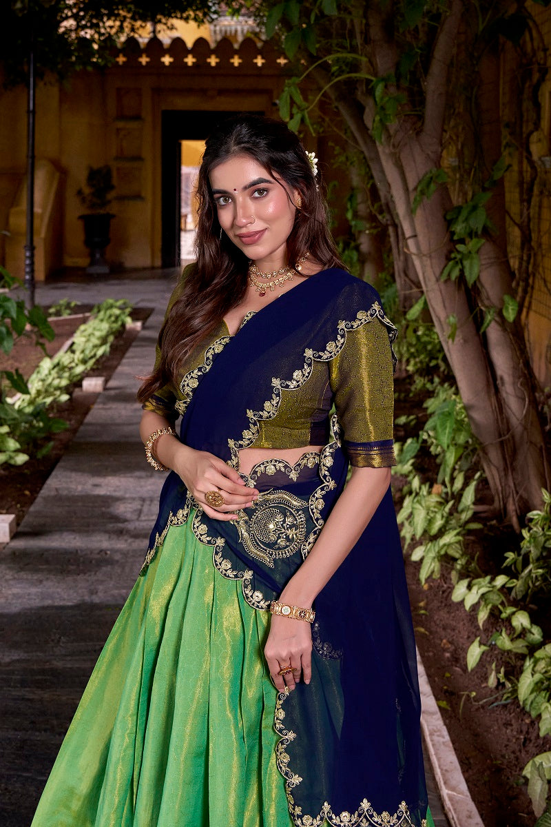 Seagreen South-style Kanchipuram silk lehenga With Unstitched Blouse & Dupatta