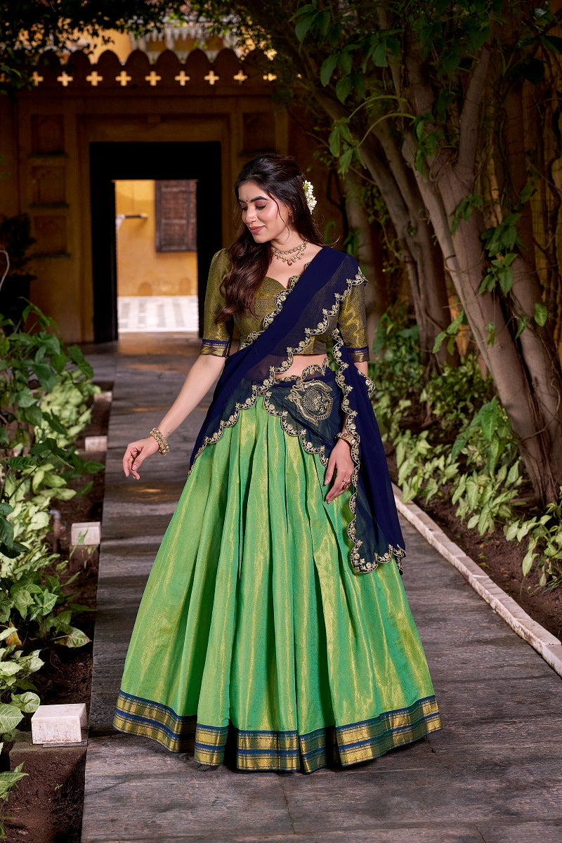 Seagreen South-style Kanchipuram silk lehenga With Unstitched Blouse & Dupatta