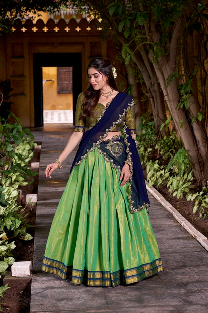 Seagreen South-style Kanchipuram silk lehenga With Unstitched Blouse & Dupatta