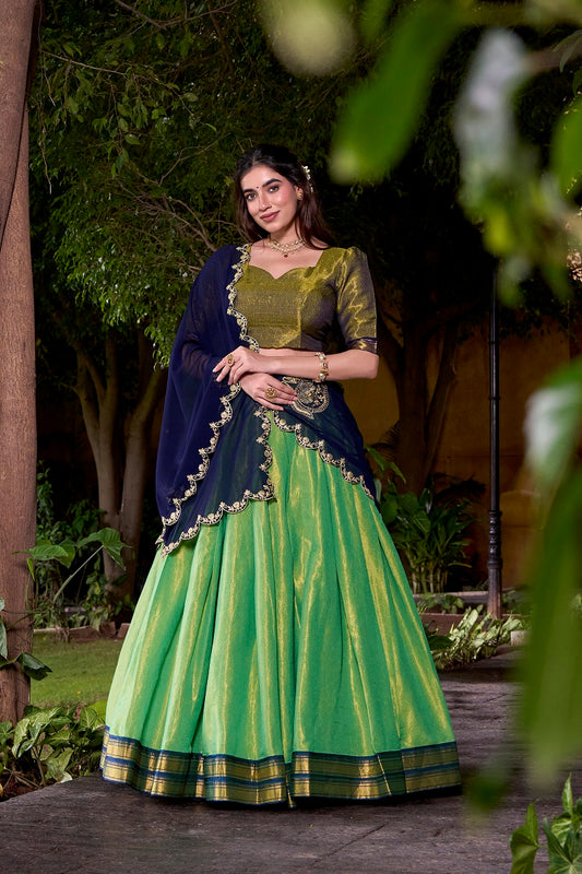 Seagreen South-style Kanchipuram silk lehenga With Unstitched Blouse & Dupatta