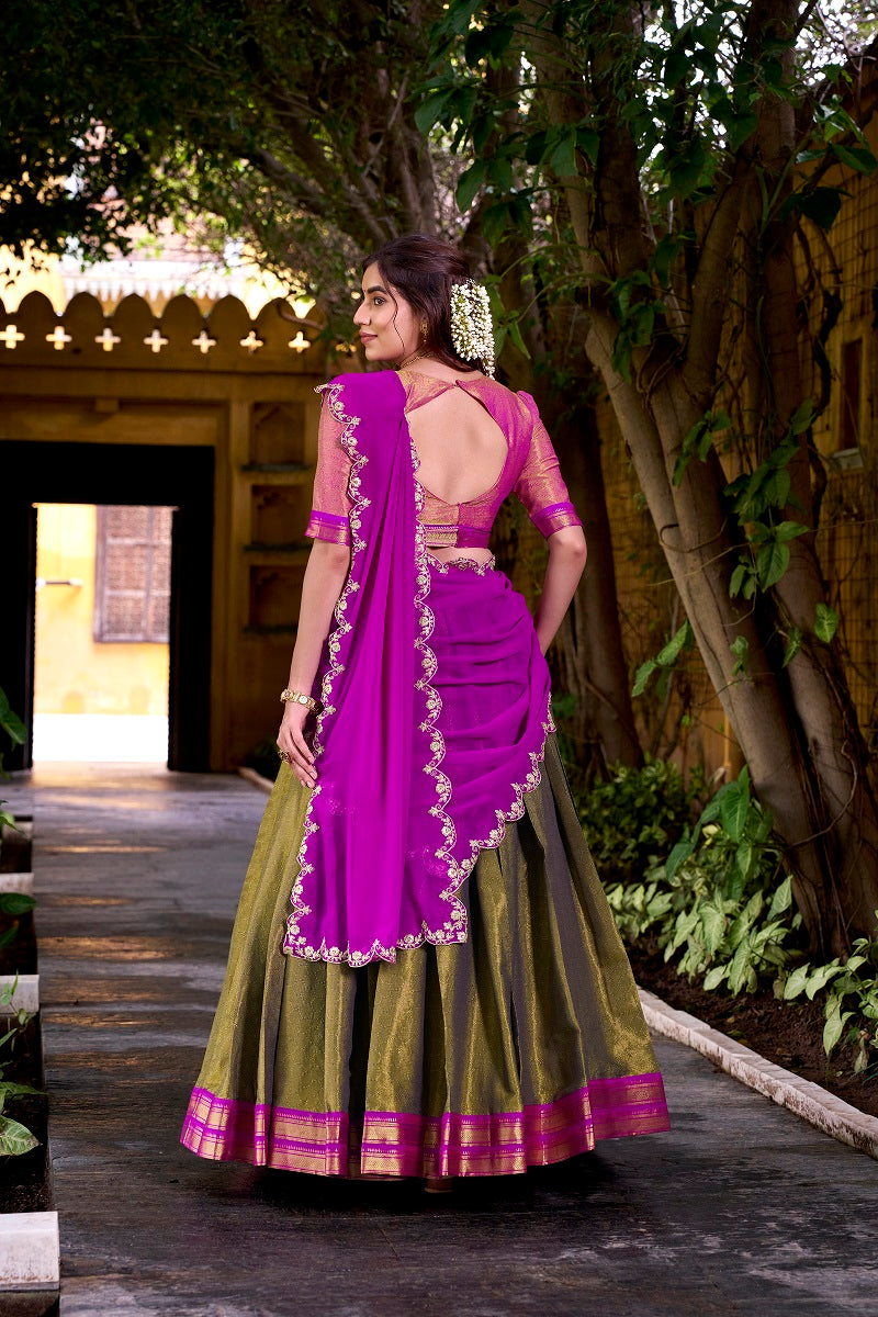 Mehendi South-style Kanchipuram silk lehenga With Unstitched Blouse & Dupatta