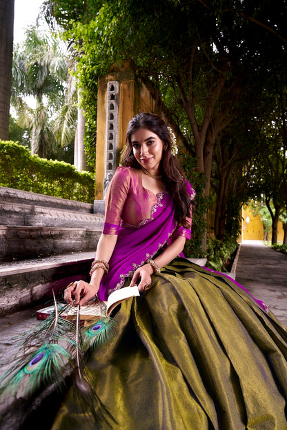 Mehendi South-style Kanchipuram silk lehenga With Unstitched Blouse & Dupatta