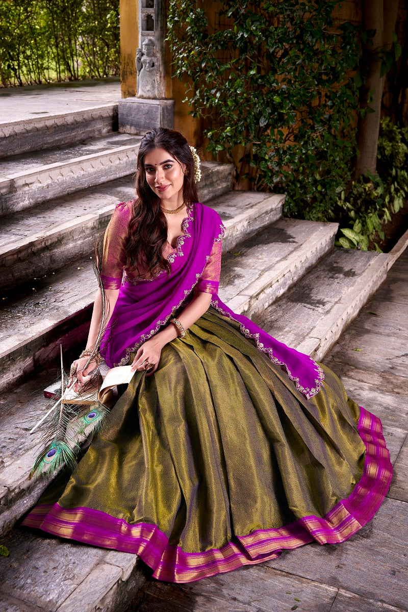Mehendi South-style Kanchipuram silk lehenga With Unstitched Blouse & Dupatta