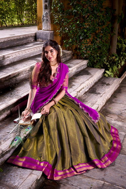 Mehendi South-style Kanchipuram silk lehenga With Unstitched Blouse & Dupatta