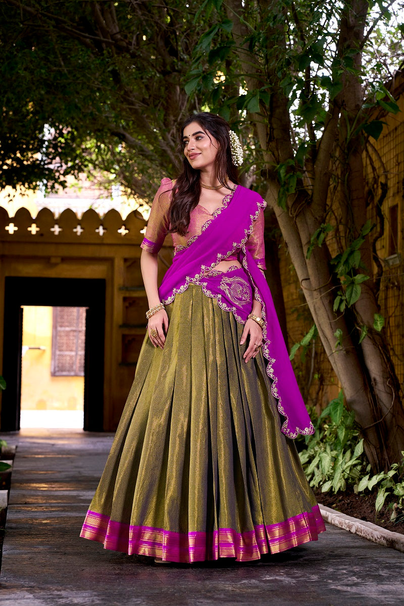 Mehendi South-style Kanchipuram silk lehenga With Unstitched Blouse & Dupatta