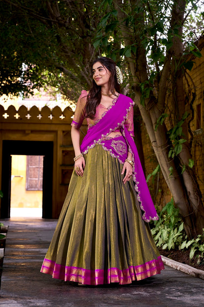 Mehendi South-style Kanchipuram silk lehenga With Unstitched Blouse & Dupatta