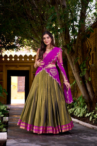 Mehendi South-style Kanchipuram silk lehenga With Unstitched Blouse & Dupatta