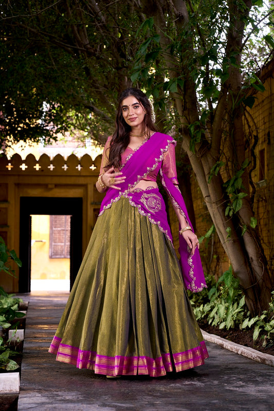 Mehendi South-style Kanchipuram silk lehenga With Unstitched Blouse & Dupatta