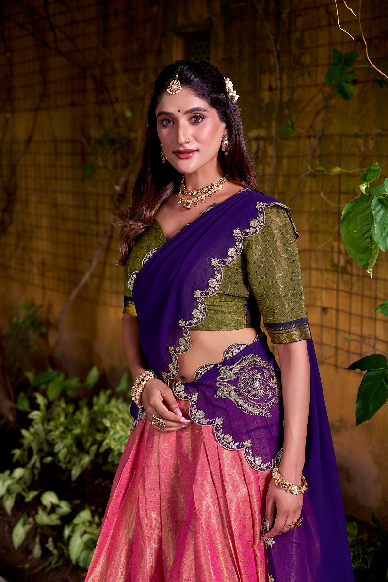 Coral South-style Kanchipuram silk lehenga With Unstitched Blouse & Dupatta