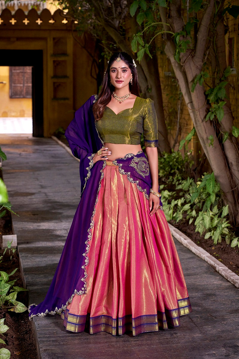 Coral South-style Kanchipuram silk lehenga With Unstitched Blouse & Dupatta