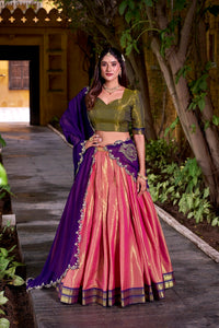 Coral South-style Kanchipuram silk lehenga With Unstitched Blouse & Dupatta