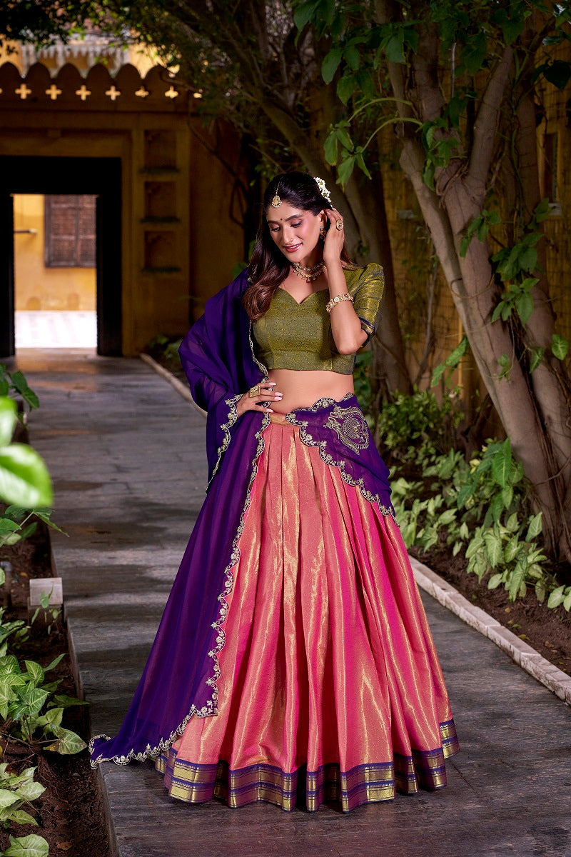 Coral South-style Kanchipuram silk lehenga With Unstitched Blouse & Dupatta