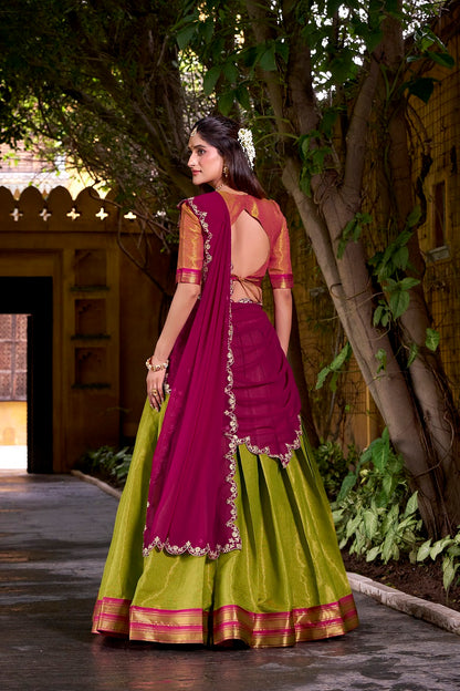 Pista South-style Kanchipuram silk lehenga With Unstitched Blouse & Dupatta