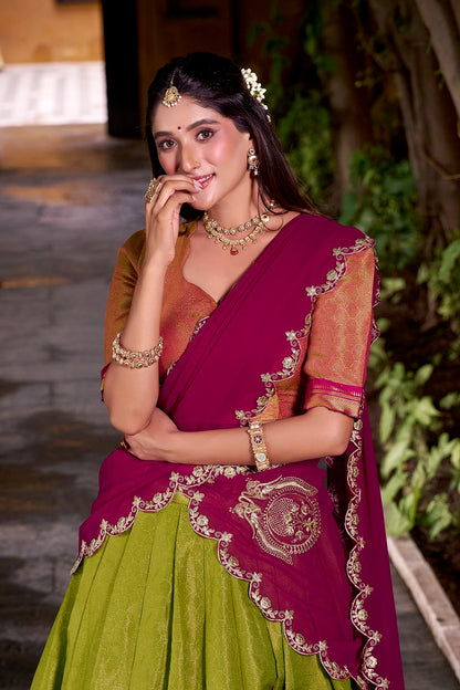 Pista South-style Kanchipuram silk lehenga With Unstitched Blouse & Dupatta