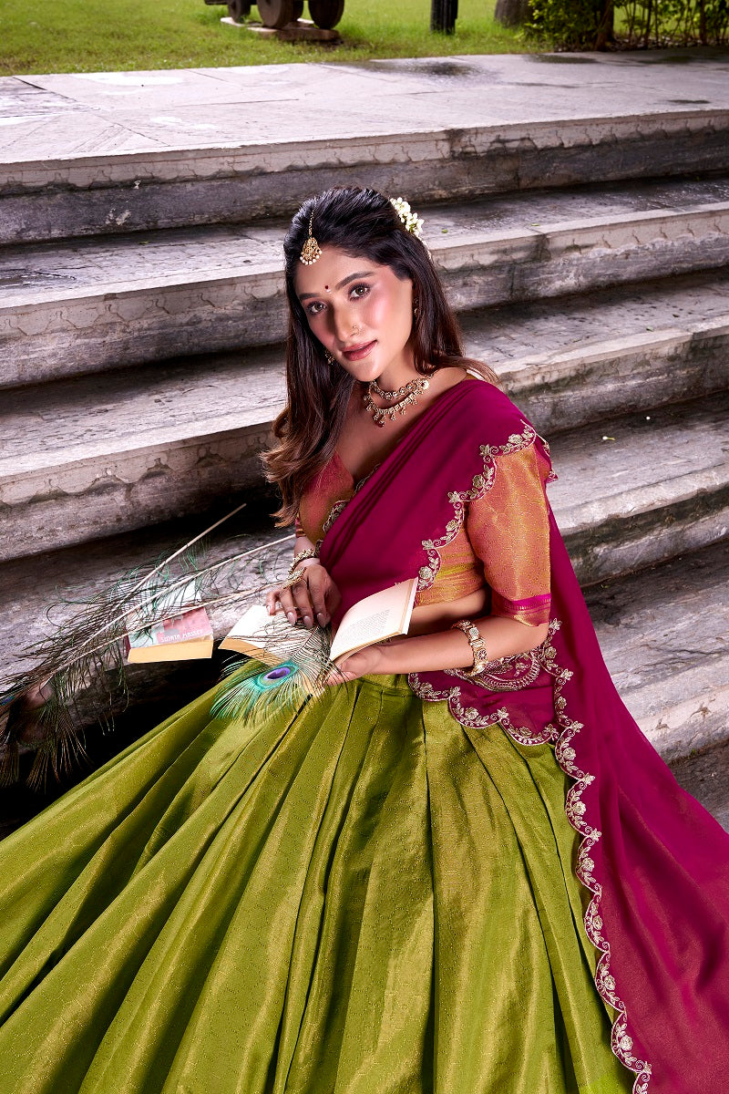 Pista South-style Kanchipuram silk lehenga With Unstitched Blouse & Dupatta