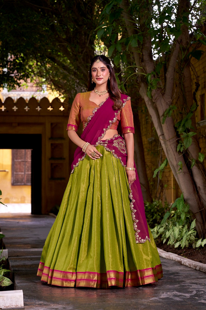 Pista South-style Kanchipuram silk lehenga With Unstitched Blouse & Dupatta