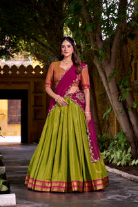 Pista South-style Kanchipuram silk lehenga With Unstitched Blouse & Dupatta