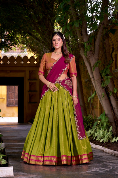 Pista South-style Kanchipuram silk lehenga With Unstitched Blouse & Dupatta