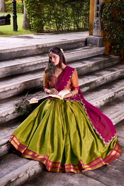 Pista South-style Kanchipuram silk lehenga With Unstitched Blouse & Dupatta