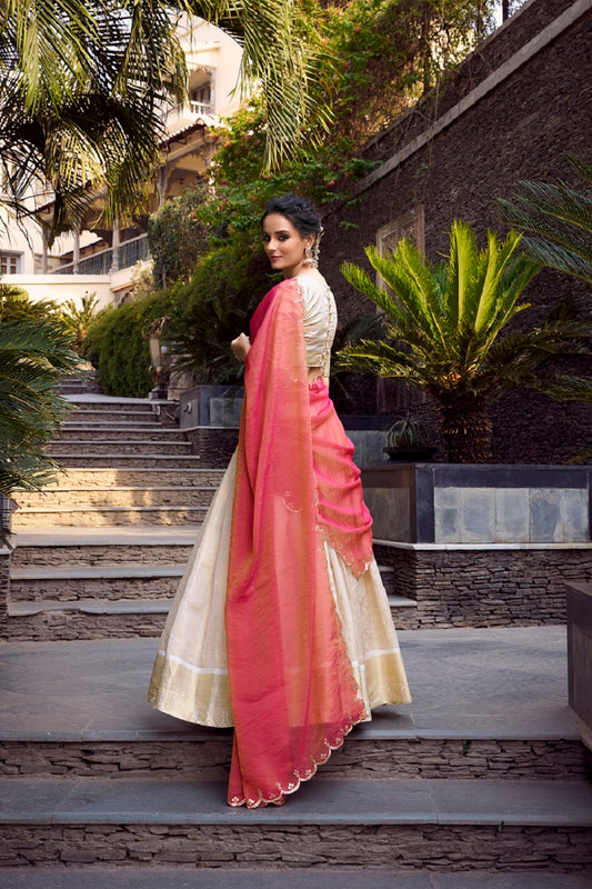 Offwhite Onam Style Jecquard Chex Zari Weaving Work Lehenga Choli