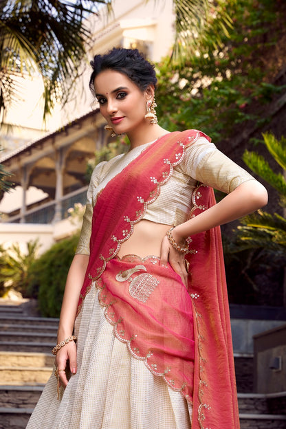 Offwhite Onam Style Jecquard Chex Zari Weaving Work Lehenga Choli