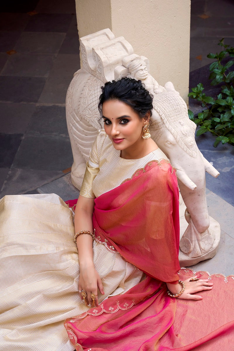 Offwhite Onam Style Jecquard Chex Zari Weaving Work Lehenga Choli