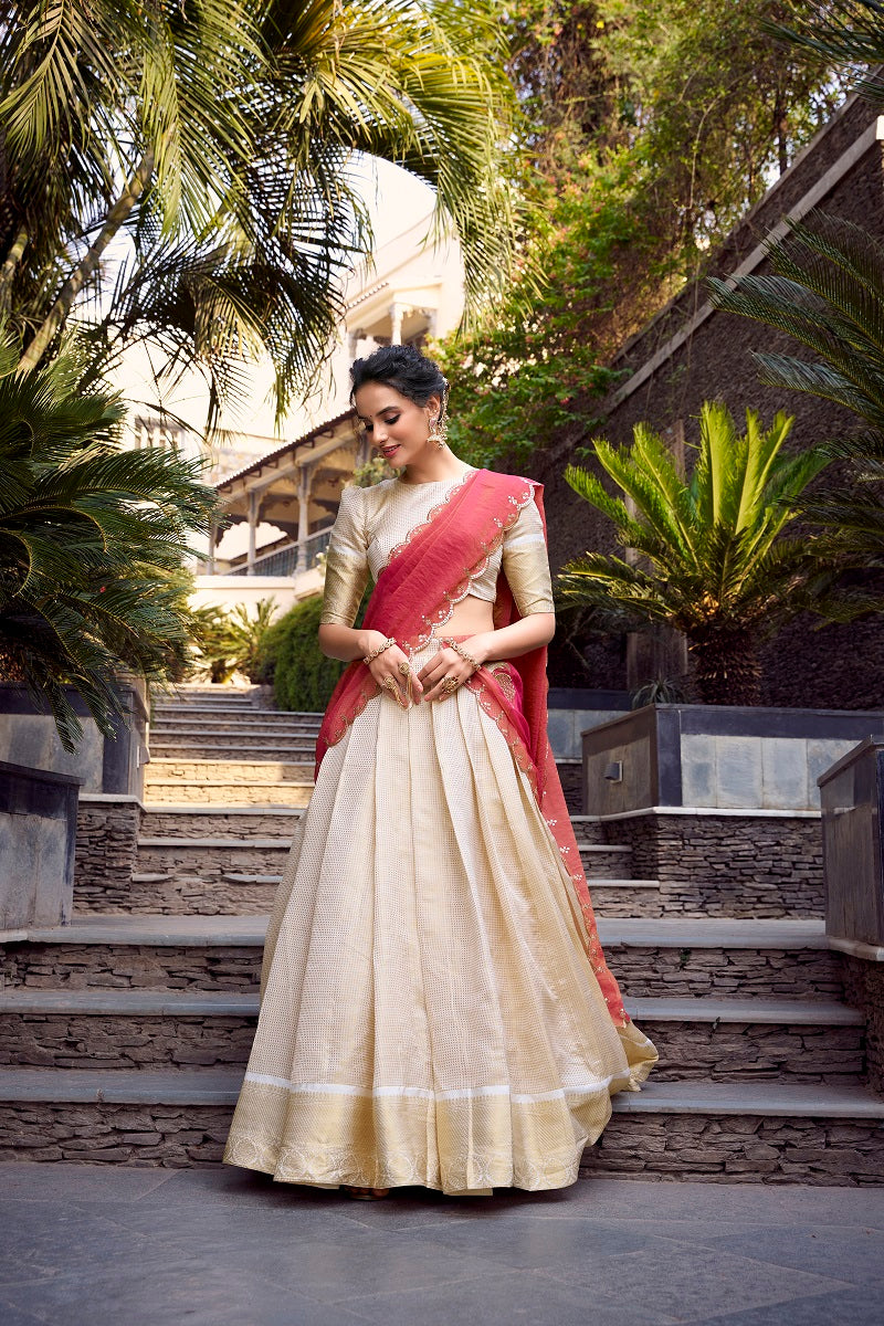 Offwhite Onam Style Jecquard Chex Zari Weaving Work Lehenga Choli