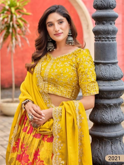 Yellow art silk semi stitched lehenga choli with taby silk print